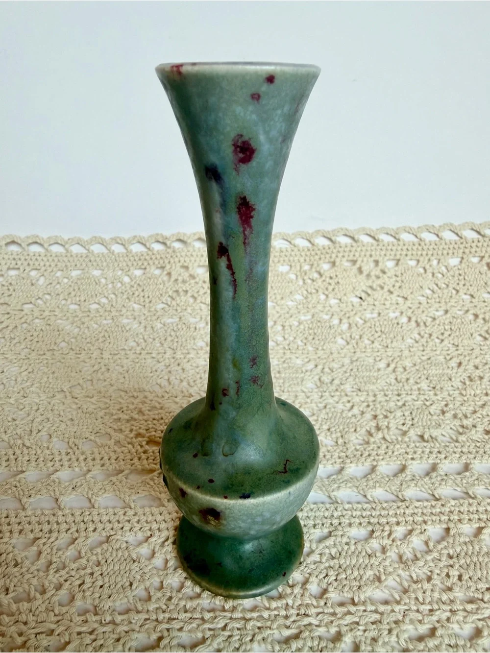 Maria Hall Studio Pottery Bud Vase Green Mottled Glaze Signed Handmade 6”